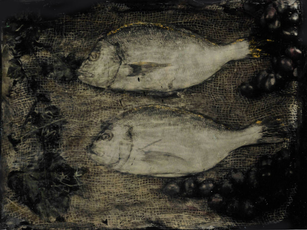 Ambrotype coloured with chalk pastels and gold pigment, sprayed on the collodion side